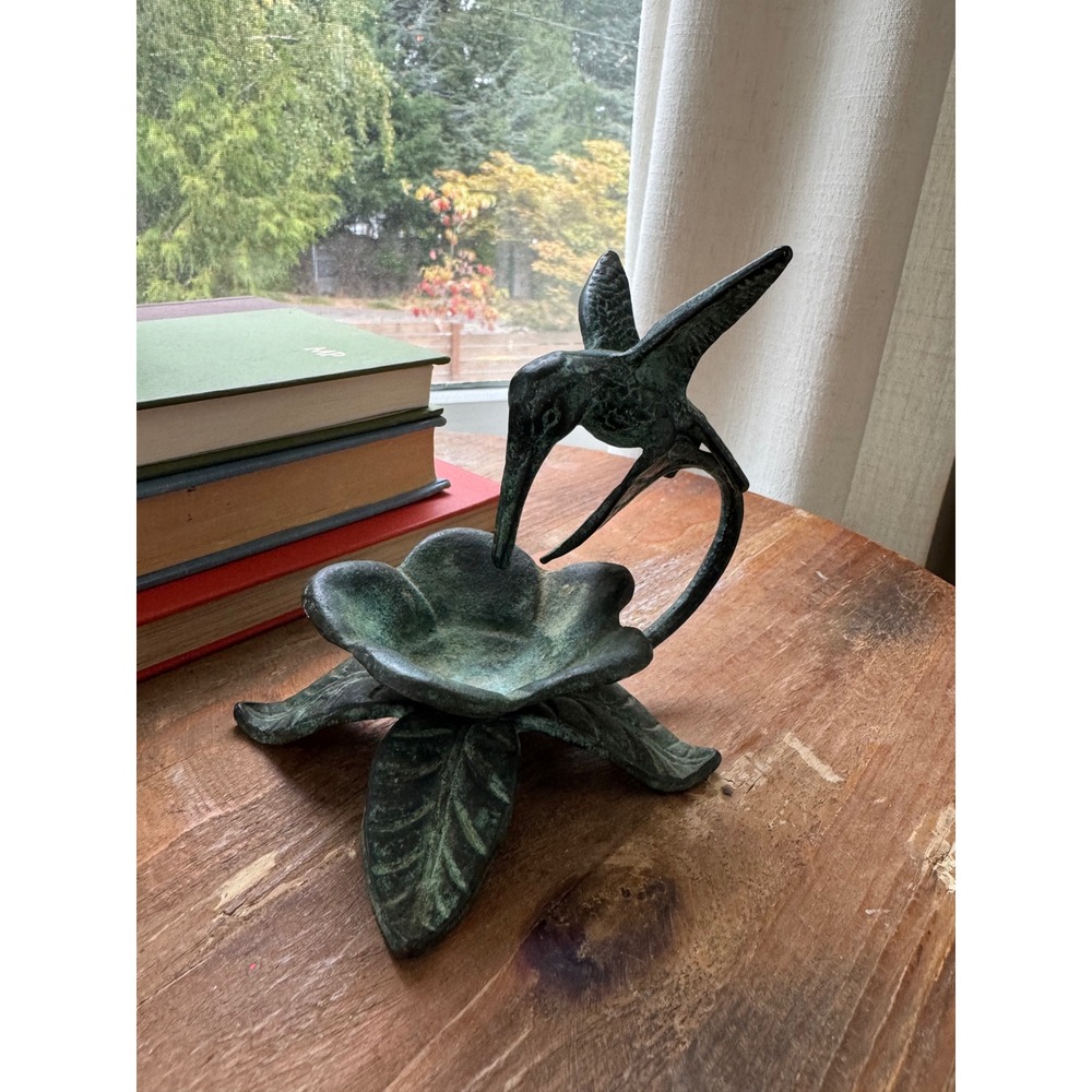 Vintage Verdigris Cast Metal Hummingbird Flower Trinket Dish Figurine Tealight